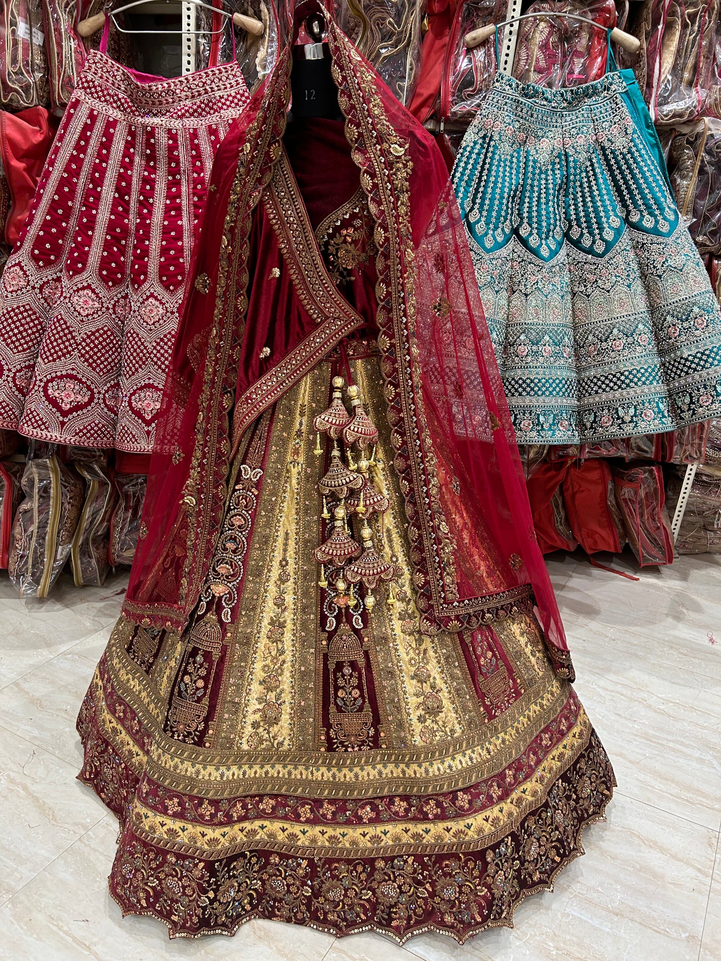 Superb se upar mustard maroon lehenga double dupatta