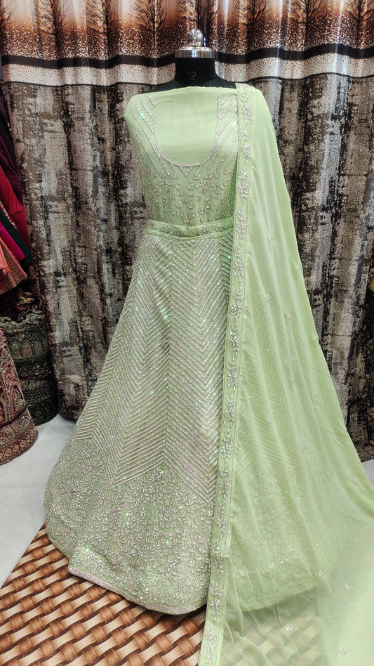 Lehenga verde claro con estampado en zigzag