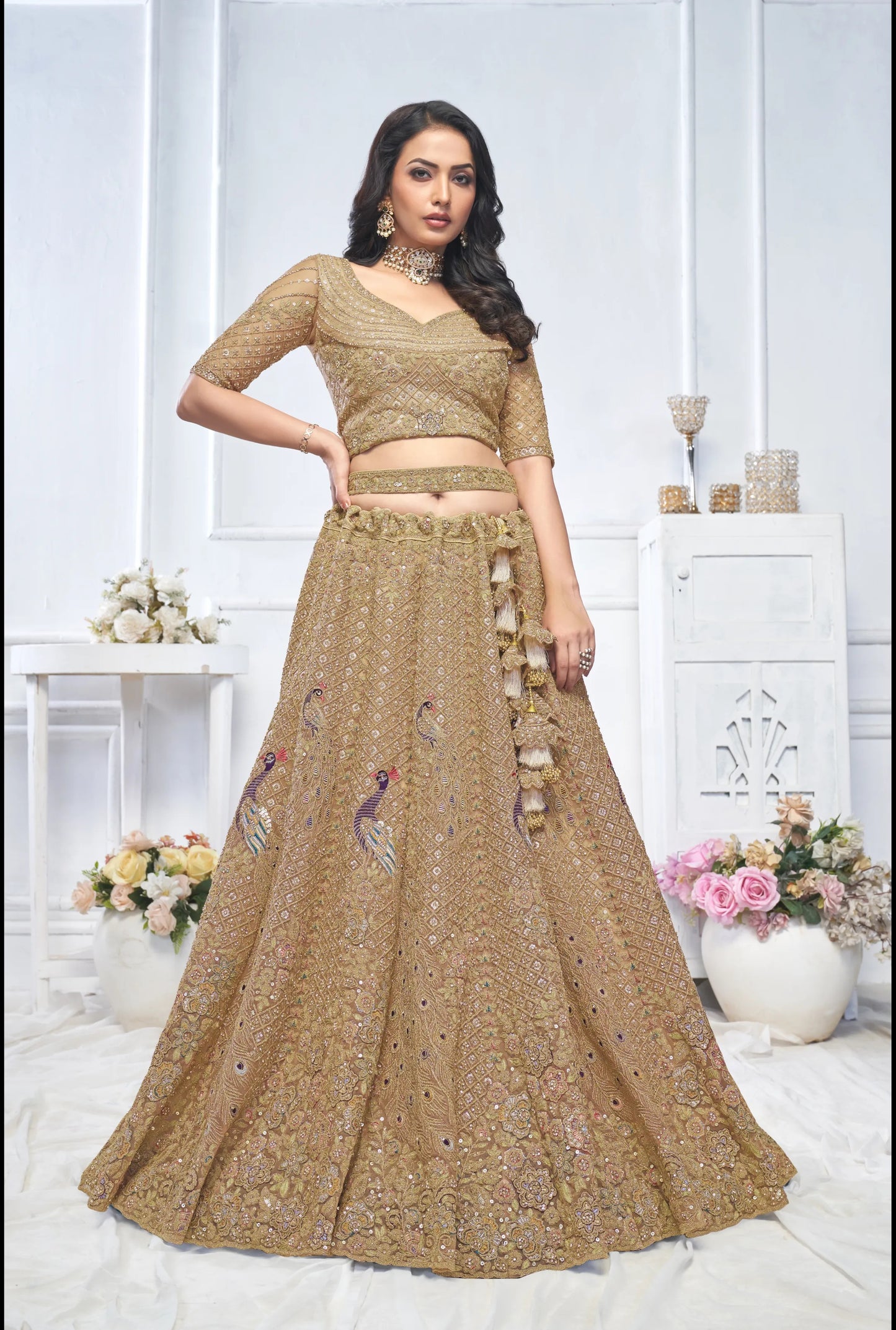 Golden Embellished Peacock Designer lehenga