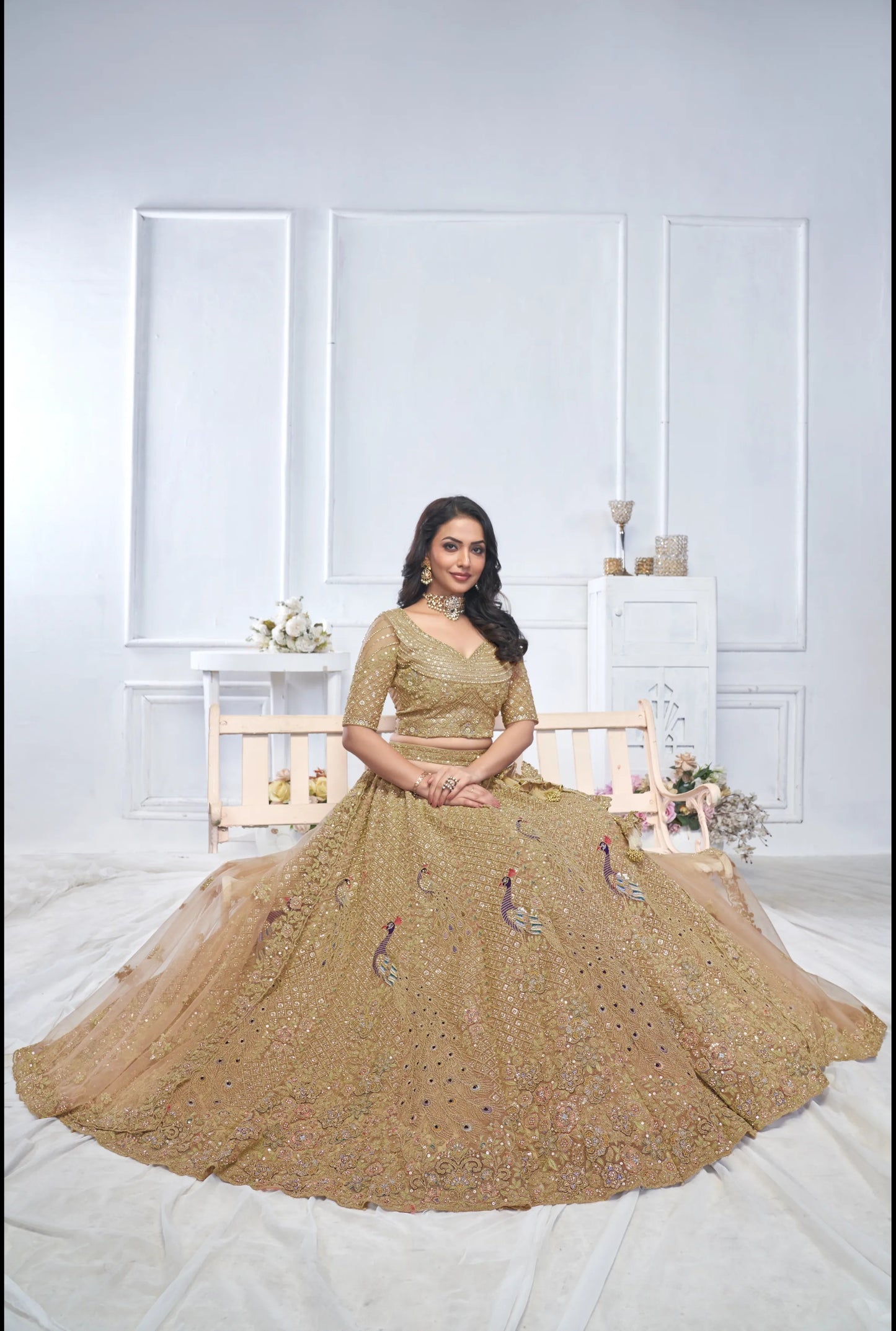 Golden Embellished Peacock Designer lehenga