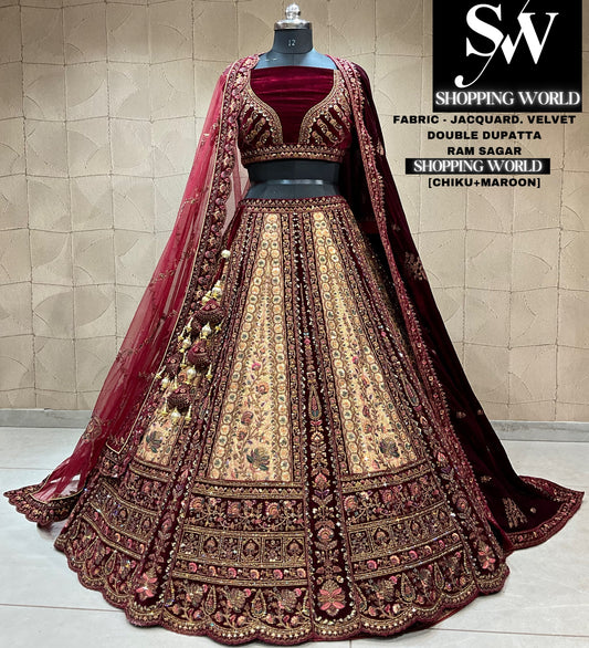 Rajwada Diseñador lehenga chiku granate Doble Dupatta