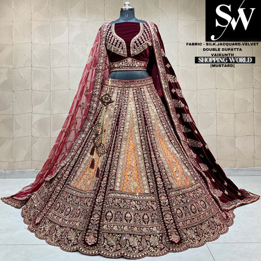 Fantástica lehenga color mostaza granate