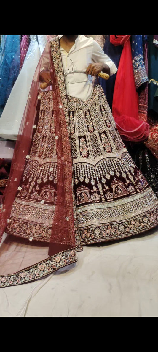 Doli Barat jhumka maroon Lehenga