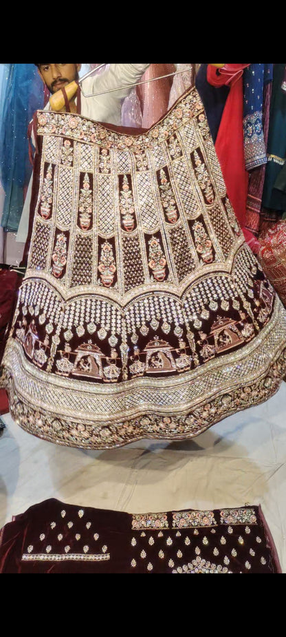 Doli Barat jhumka maroon Lehenga