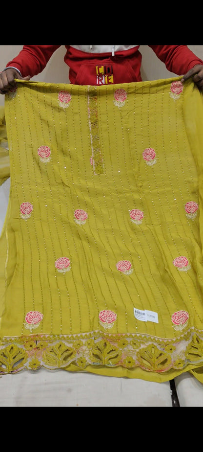 Yellow,Green peach Designer Unstitched Suit