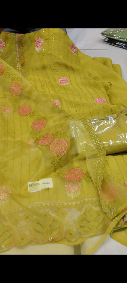 Yellow,Green peach Designer Unstitched Suit