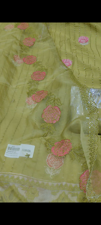 Yellow,Green peach Designer Unstitched Suit