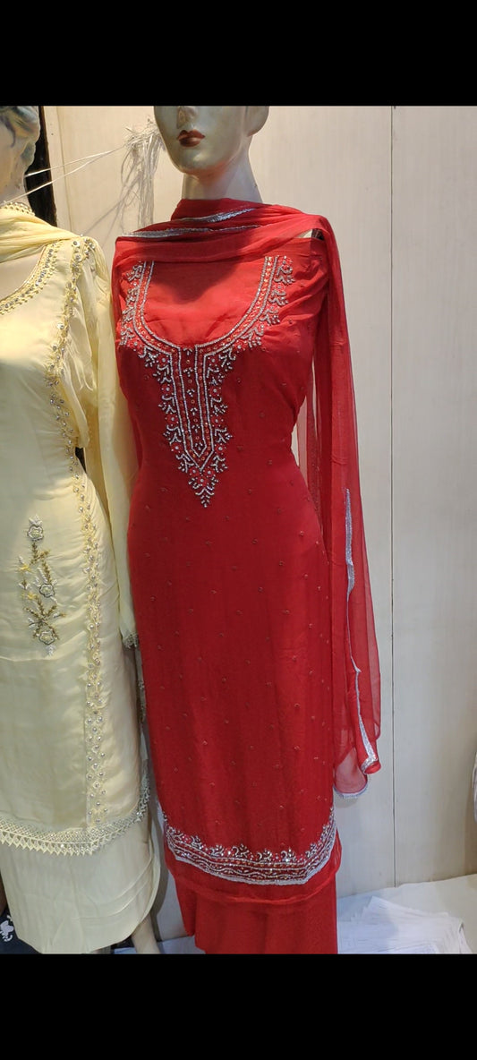 Red Designer Unstitched Suit