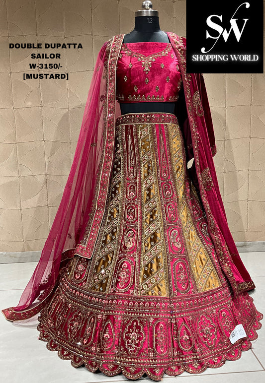 Amazing maroon mustard double duptta bridal lehenga