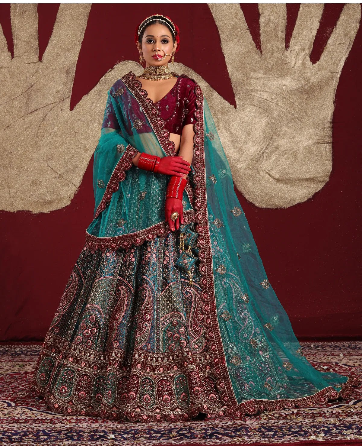 Awesome maroon sky blue bridal Lehenga