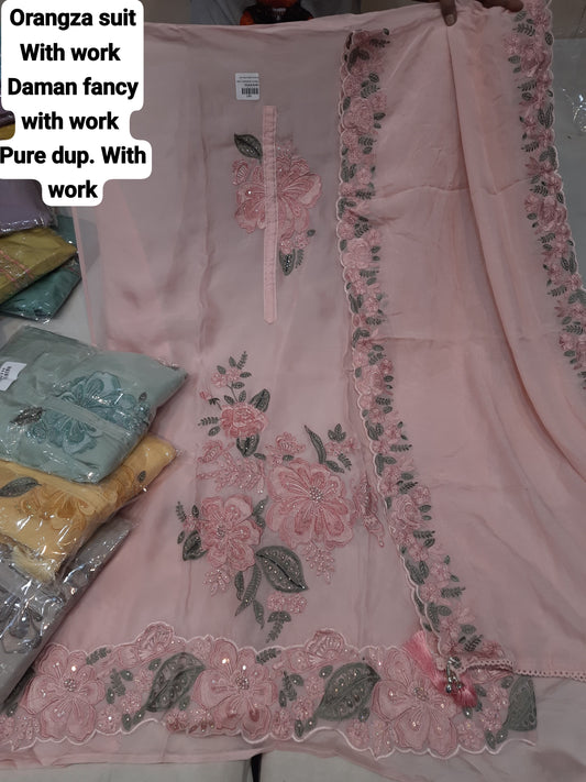 Good looking baby pink organza unstitched Salwar suits dress material (free size)