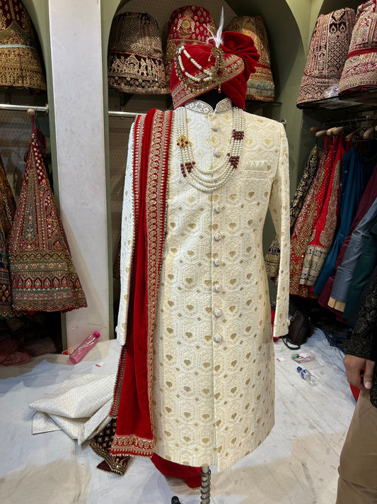 Royal Cream red Colour Sherwani