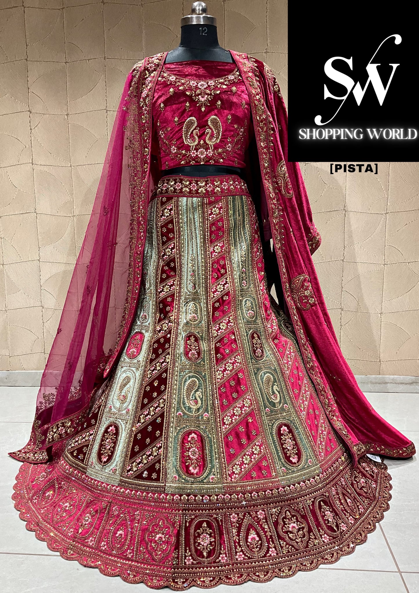 Tremendous maroon pista green double duptta bridal lehenga