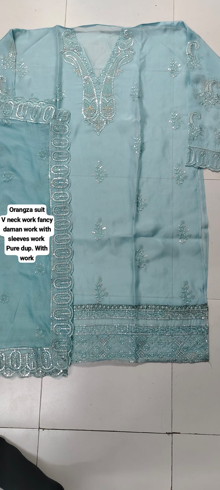 Good looking sky blue organza  unstitched Salwar suits dress material (free size)