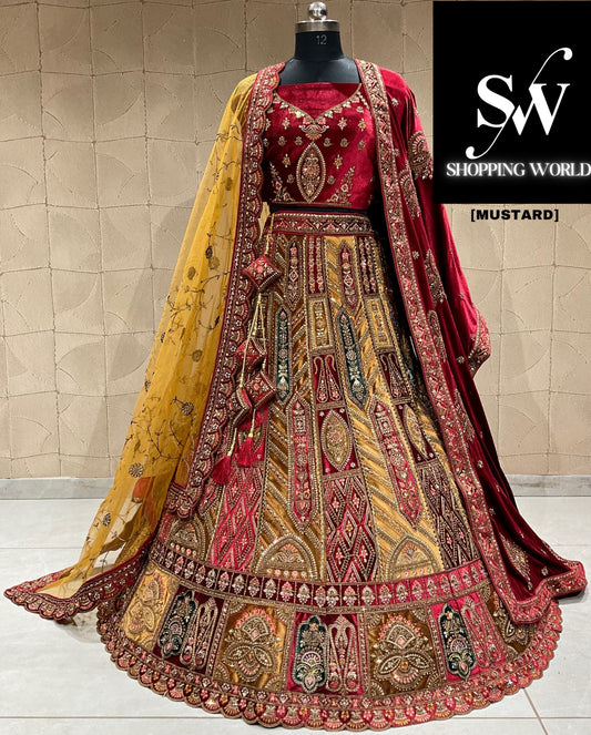 Hermosa lehenga de novia con doble capa color mostaza y granate