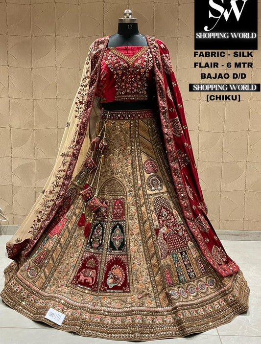 Lehenga nupcial majestuosa de Chiku en color granate dorado