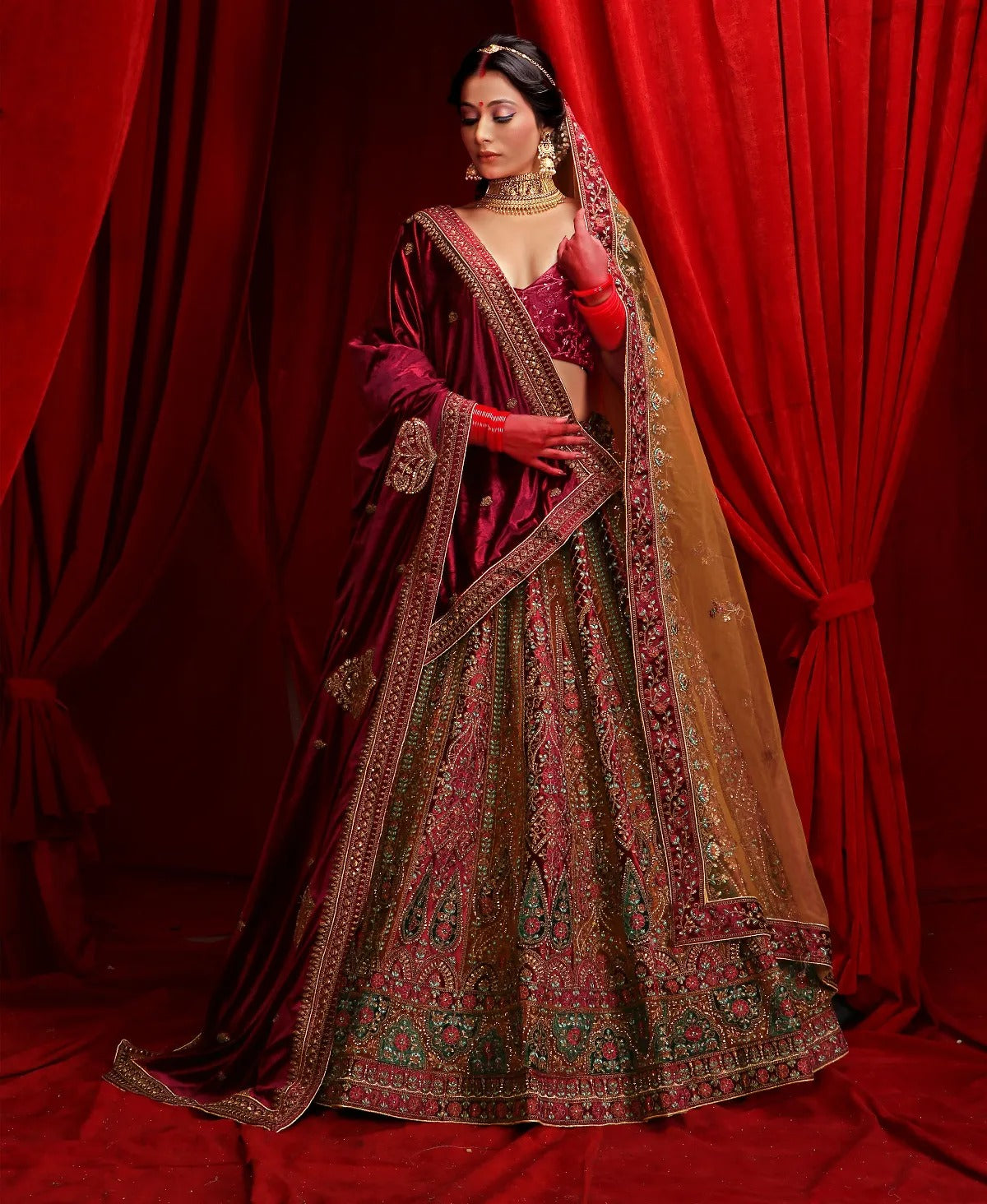 Elegant maroon double duptta bridal Lehenga