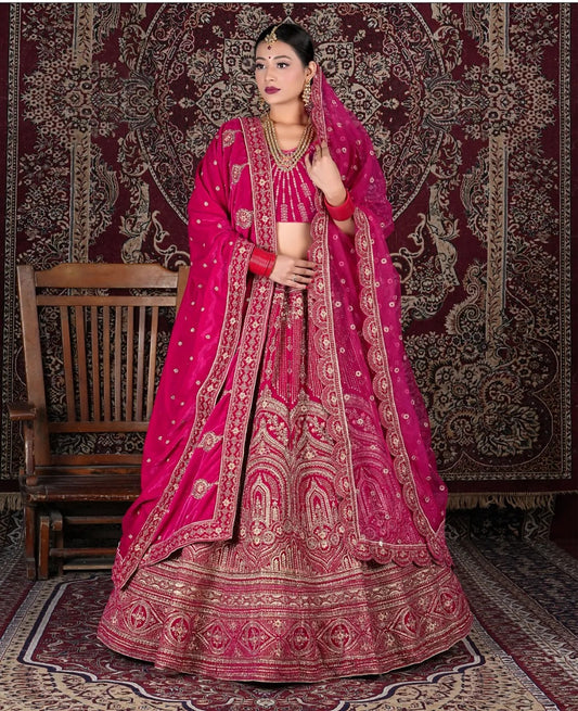 Preciosa lehenga nupcial duptta doble color rosa rani