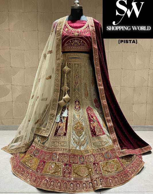 Deslumbrante lehenga nupcial de doble duptta en verde pistacho