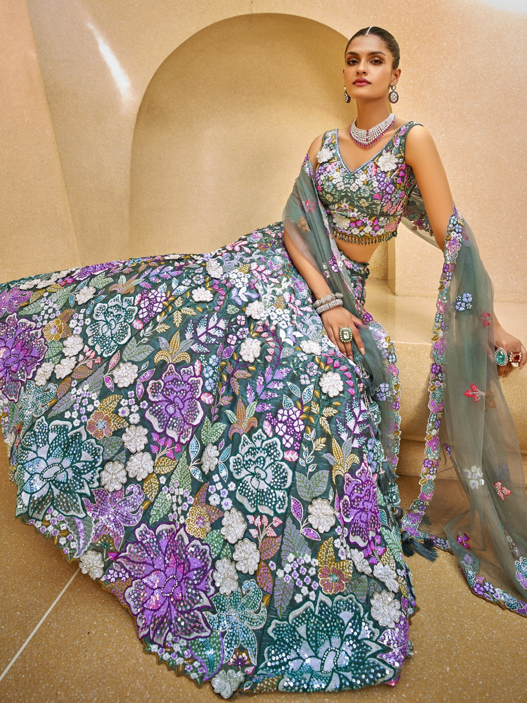 Attractive green floral Lehenga