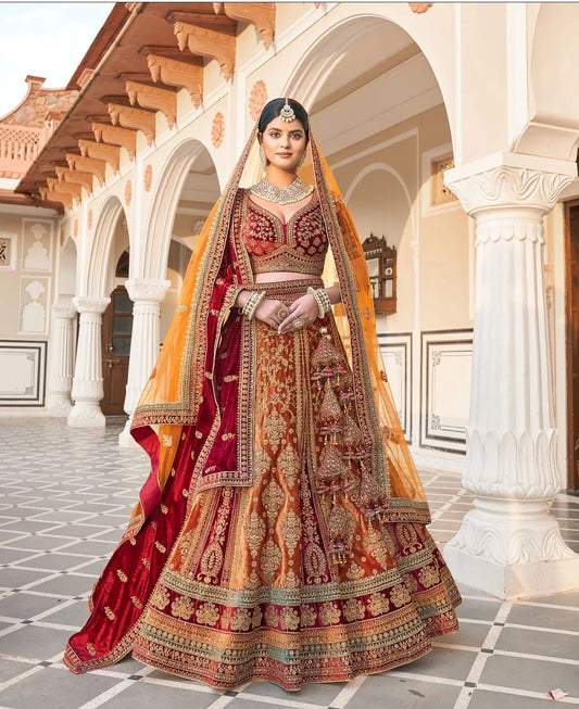 Lehenga nupcial duptta doble en oro espectacular