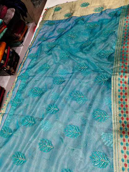 Elegant golden border blue saree