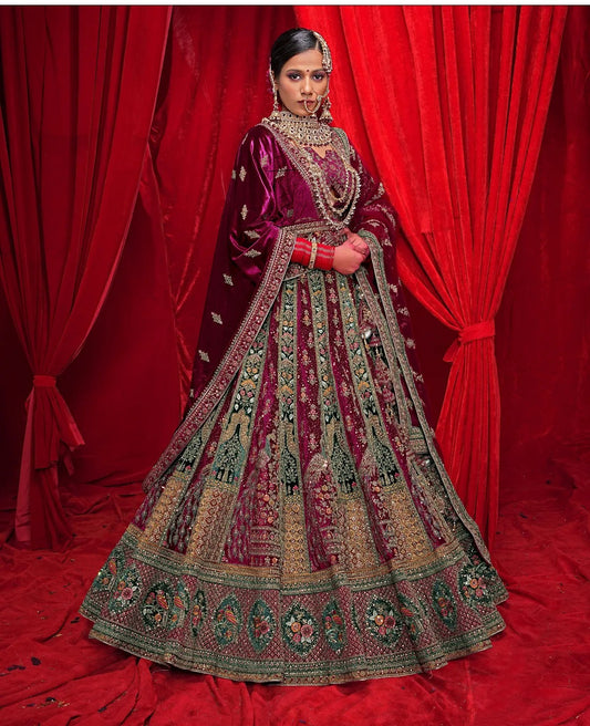 Stunning peacock maroon double duptta bridal Lehenga