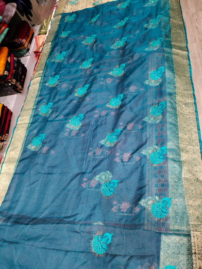 Good looking bandhani print golden border blue saree