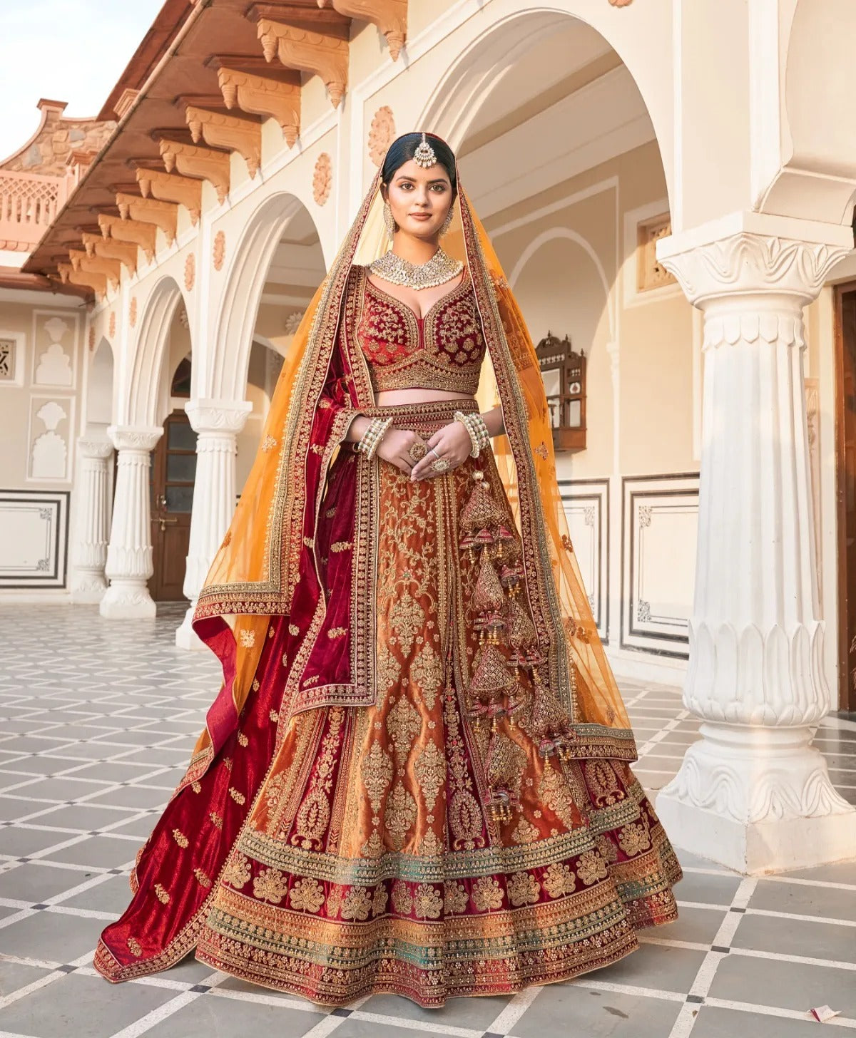 Glamorous mustard double duptta bridal Lehenga