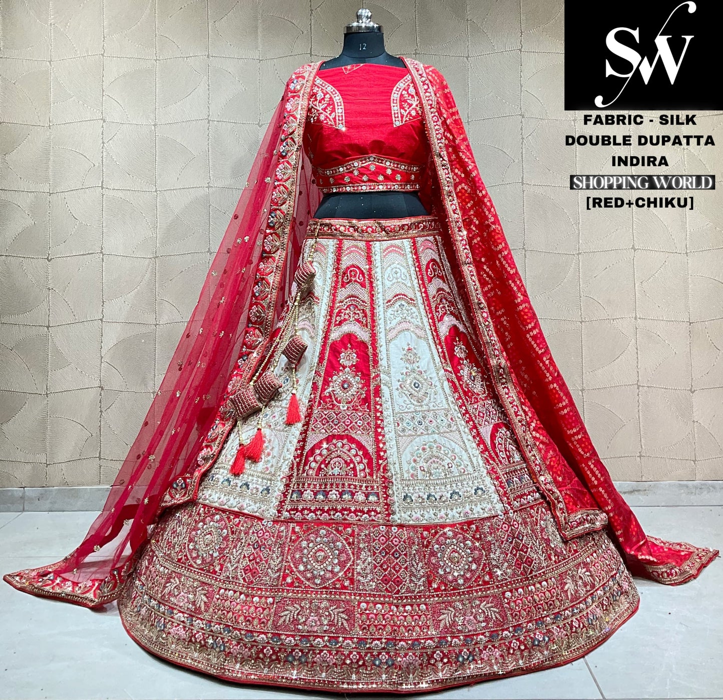 Astonishing red chiku double duptta bridal lehenga