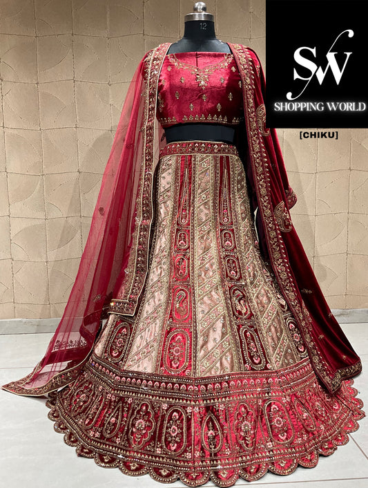 Fantastic maroon chiku double duptta bridal lehenga