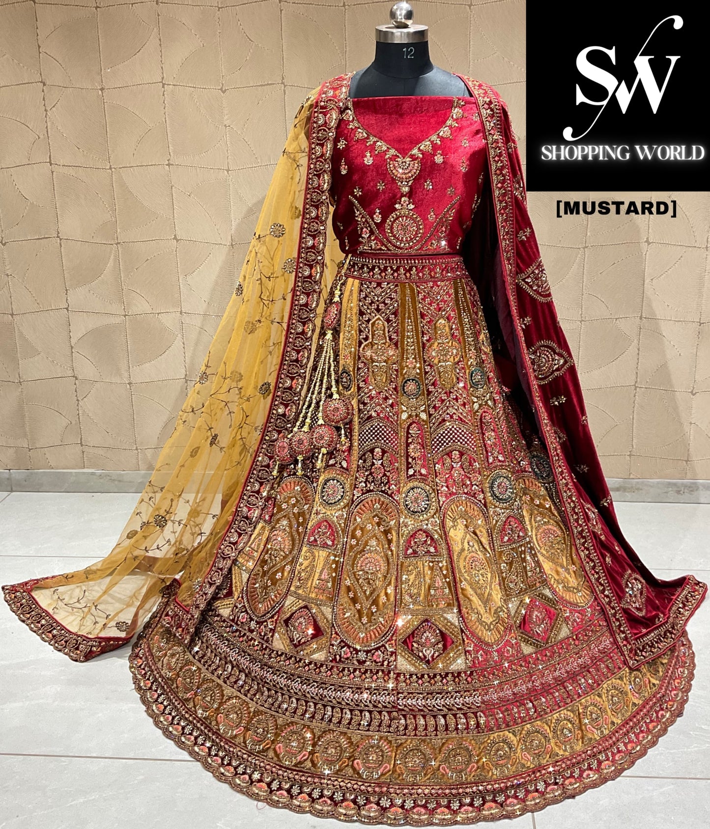 Amazing maroon mustard double duptta bridal lehenga