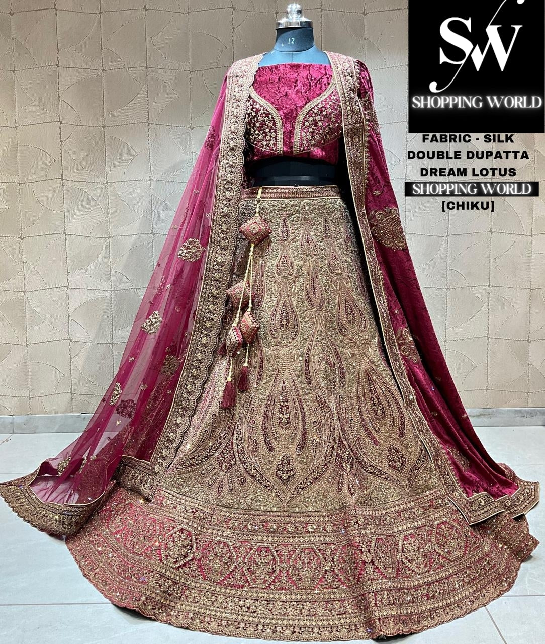 Pleasing chiku golden maroon bridal lehenga