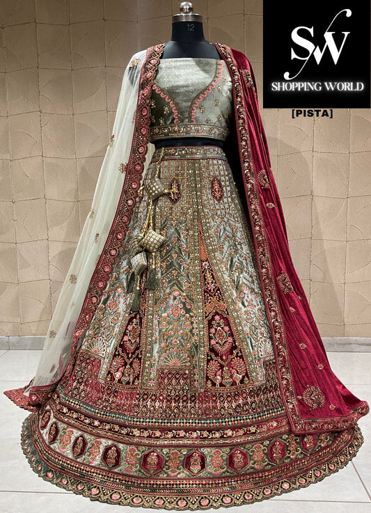 Encantadora lehenga nupcial doble duptta verde pista