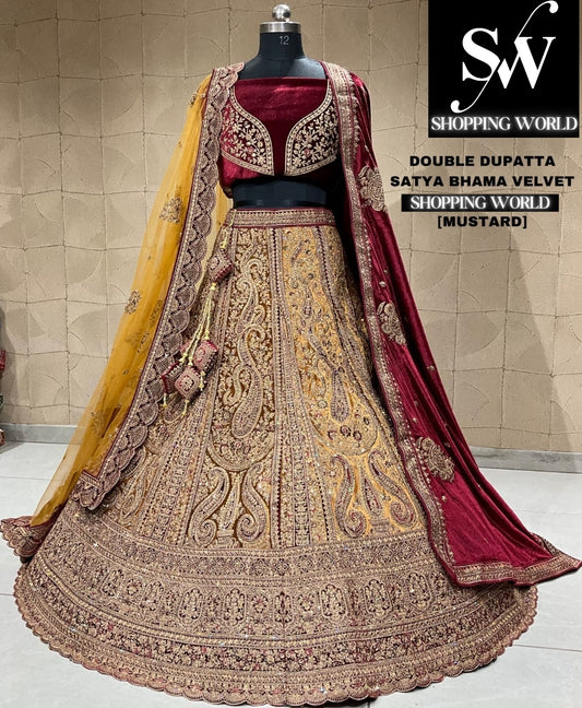 Lujosa lehenga nupcial en color mostaza y granate