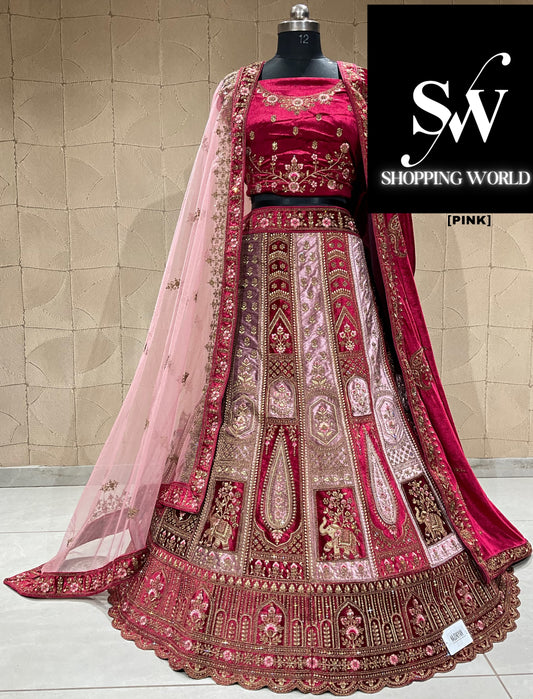 Encantadora lehenga de novia de doble capa en color rosa granate