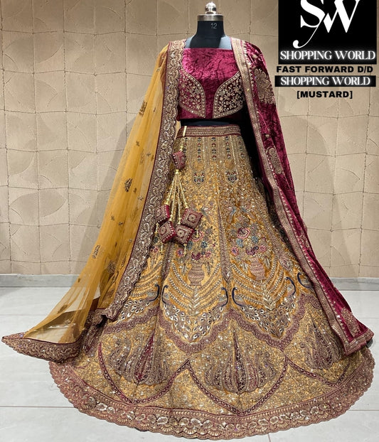 Preciosa lehenga nupcial de pavo real color mostaza