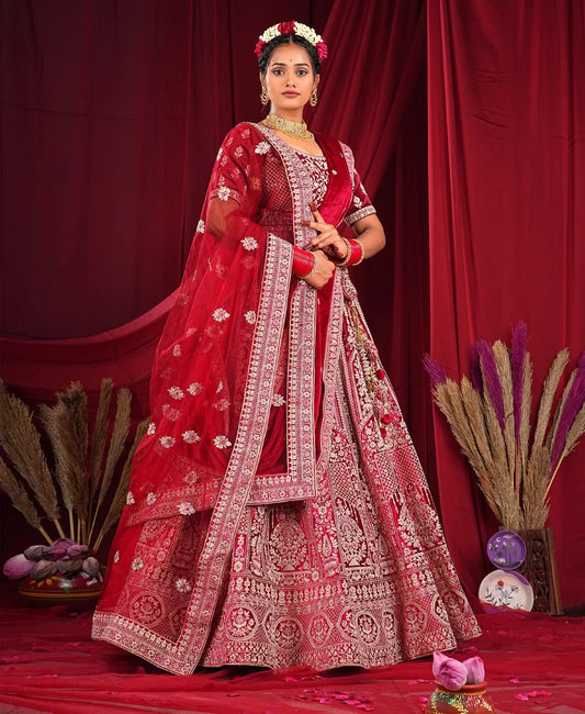 Lehenga nupcial de duptta doble en rojo agradable