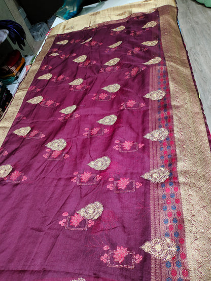 Gorgeous bandhani print purple maroon golden border saree .