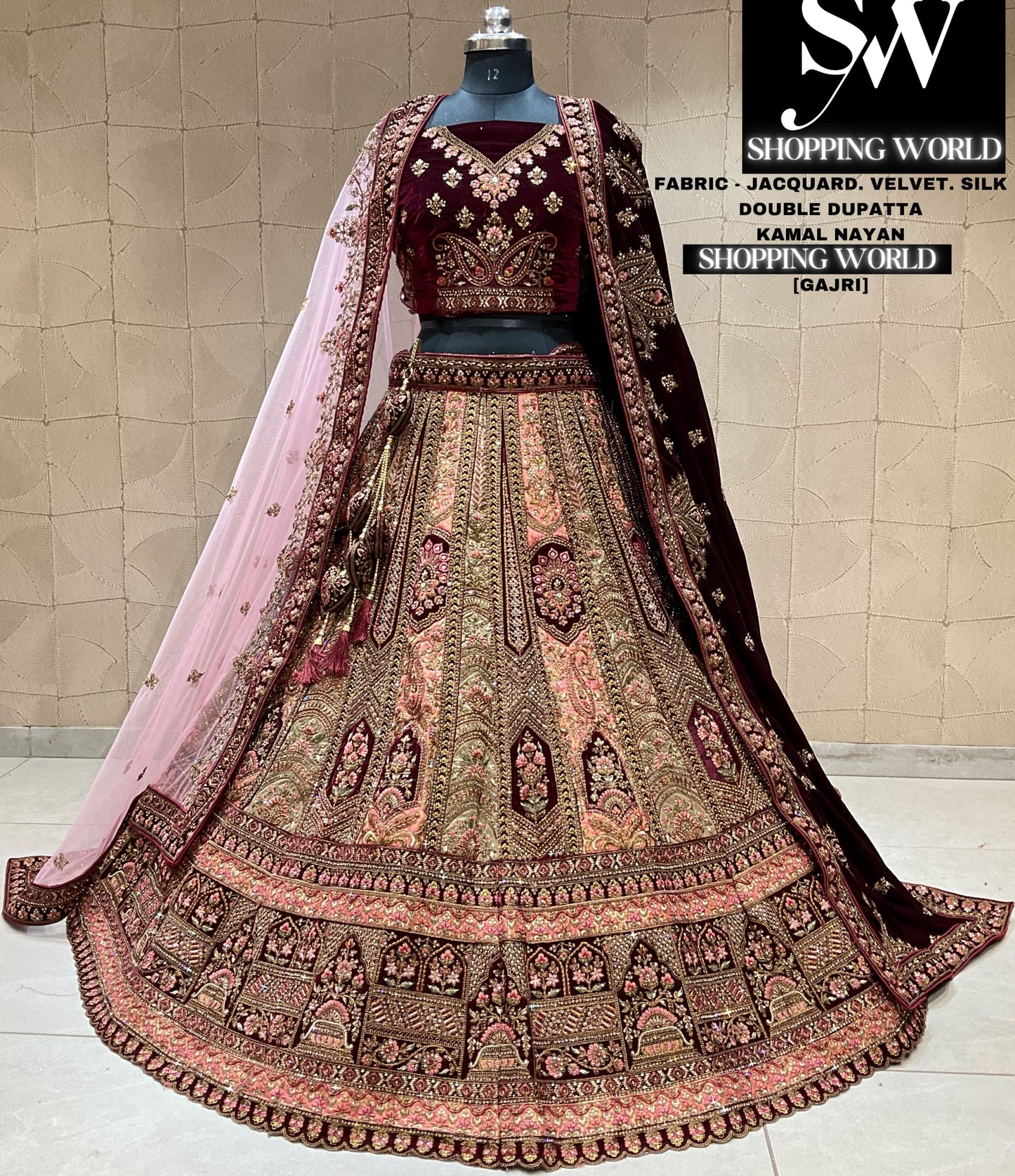 Engaging gajri pink maroon bridal lehenga