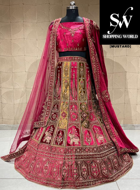 Hermosa lehenga nupcial doble duptta mostaza granate gajraj