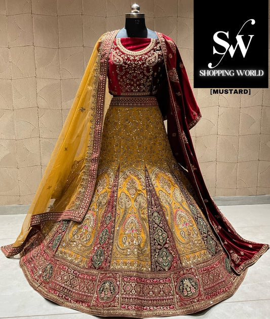 Pleasing mustard double duptta bridal lehenga