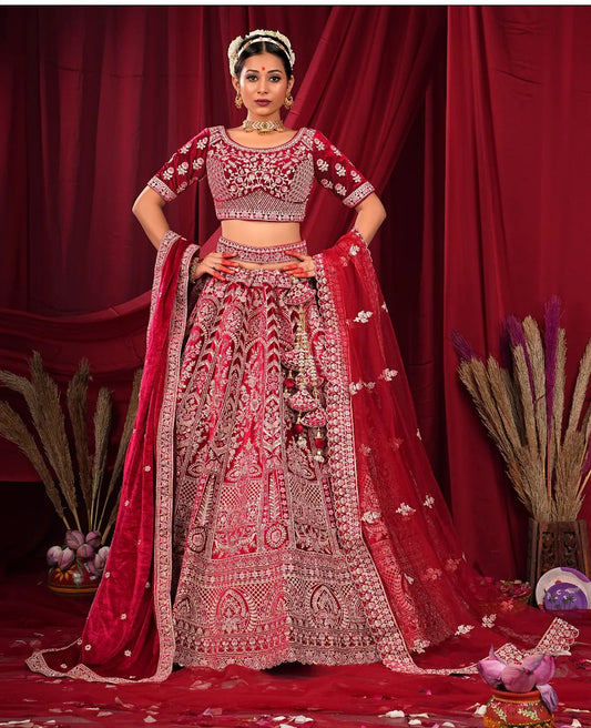 Pretty maroon double duptta bridal Lehenga