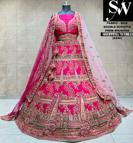 Fabuloso lehenga nupcial con doble dupatta y estampado de pavo real rosa rani