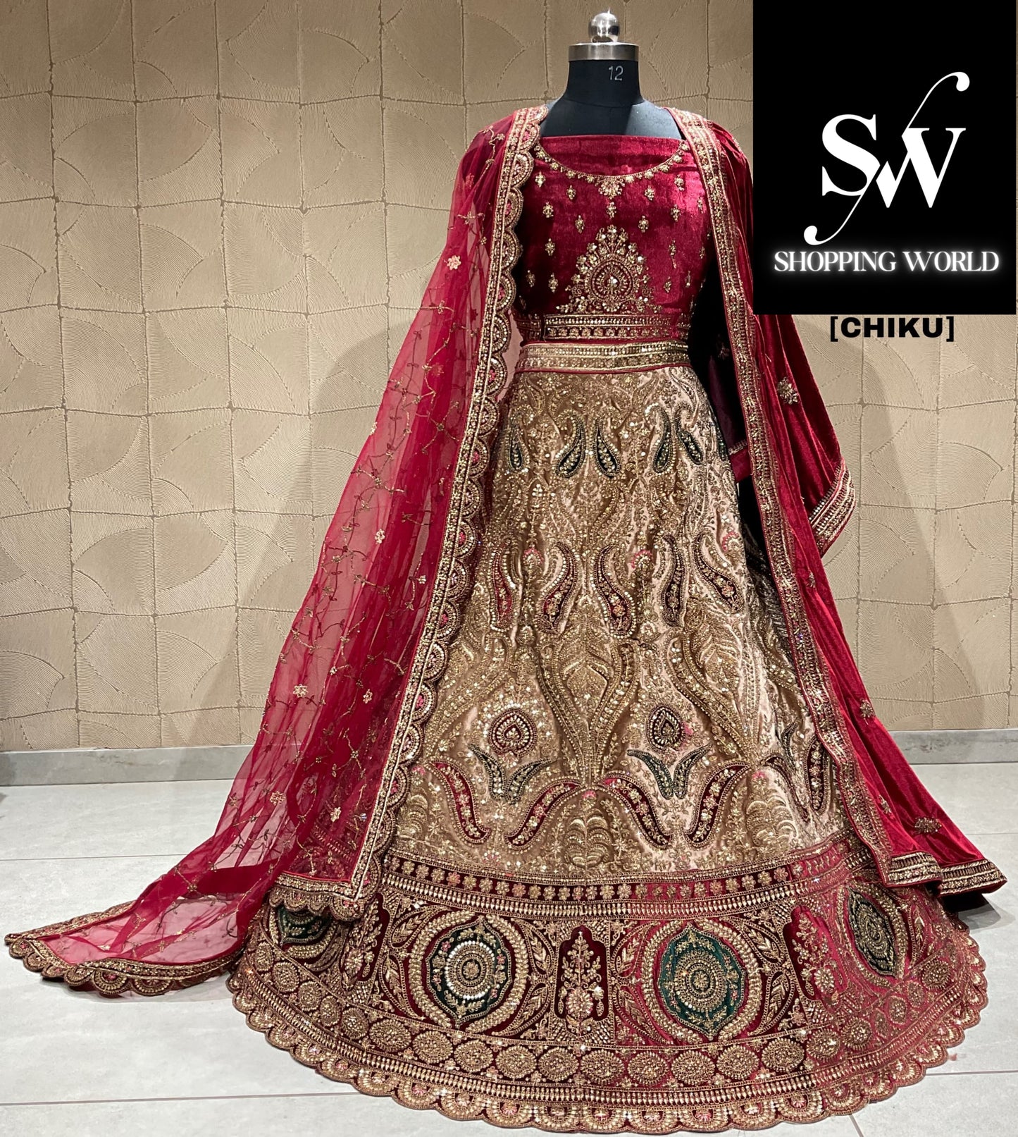 Glamorous chiku double duptta bridal lehenga