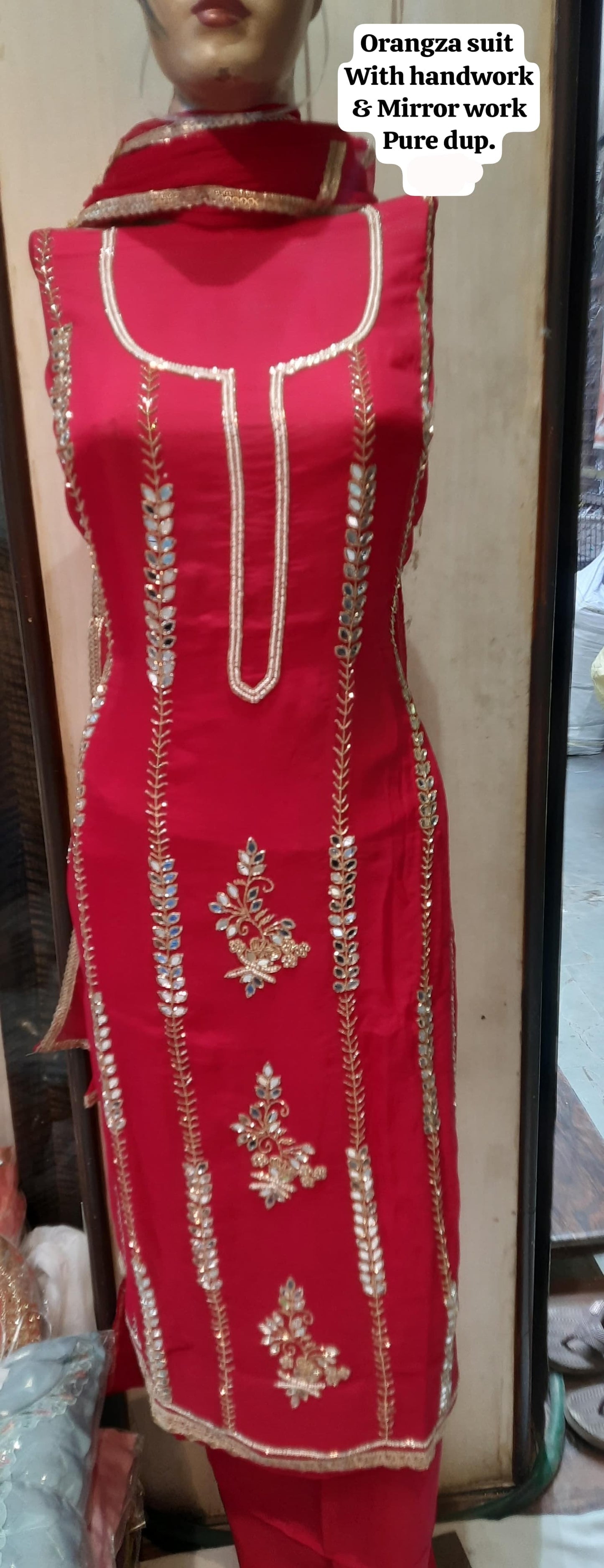 Handwork Mirror Something different red organza unstitched Salwar suits dress material (free size)