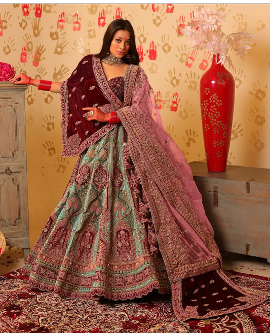 Beautiful maroon mint green double duptta bridal Lehenga