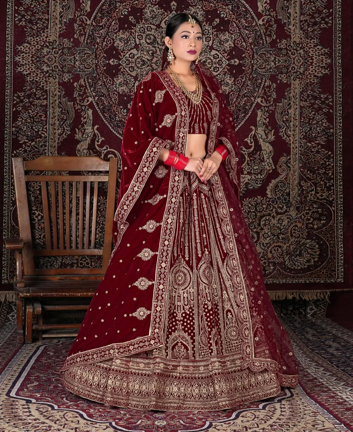 Attractive maroon double duptta bridal Lehenga