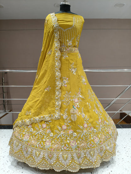 Yellow haldi mehendi peacock lehenga