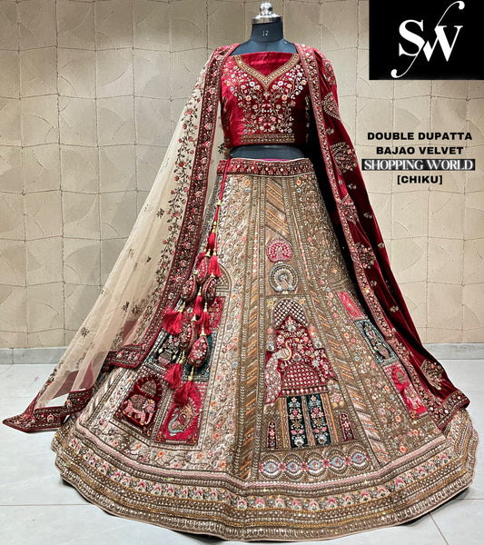 Lehenga nupcial con doble dupatta y pavo real color granate de Chiku majestuoso